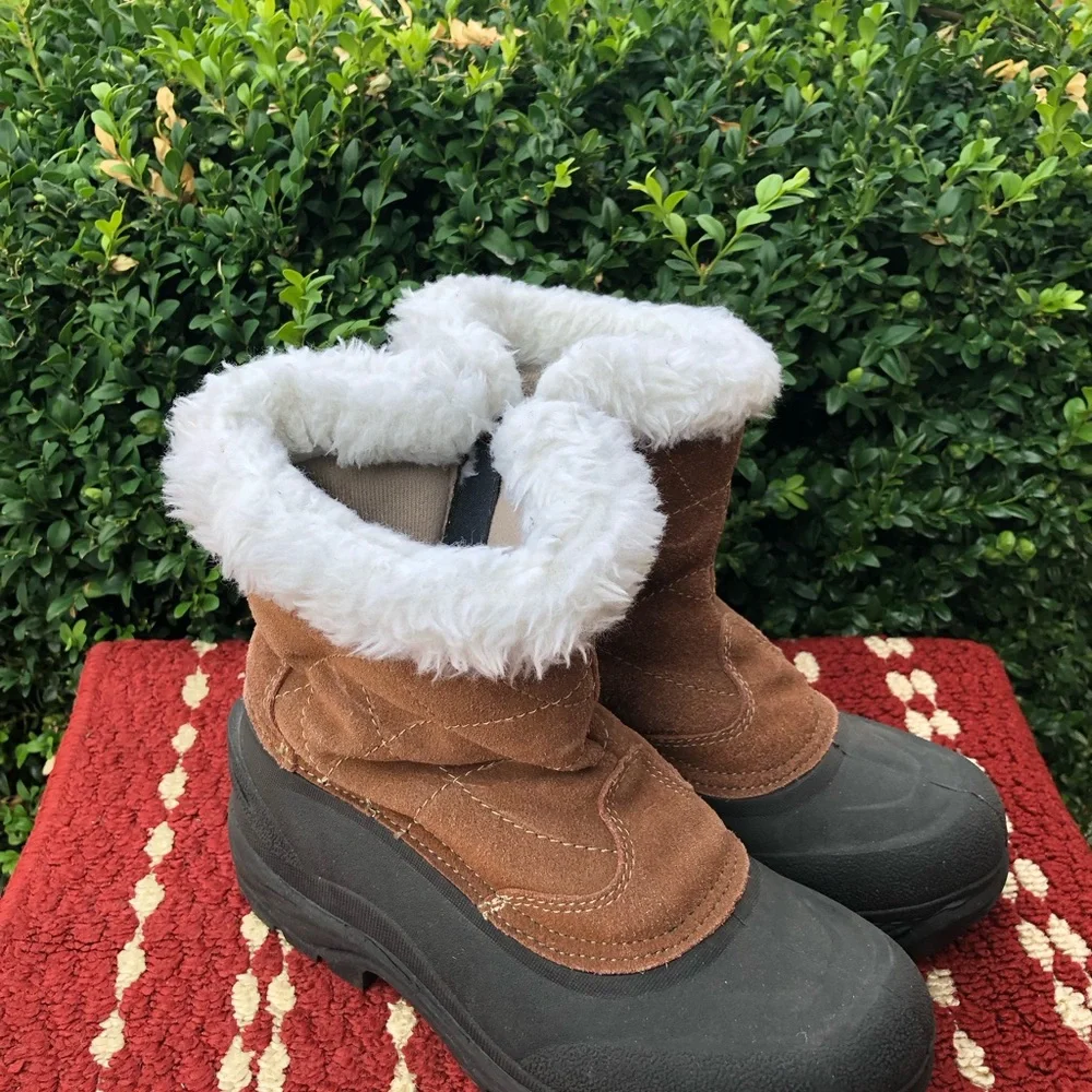 Champion THERMOLITE BROWN LEATHER SUEDE FAUX FUR ACCENT ZIPPER SNOW BOOTS SIZE 8